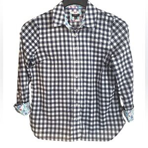 TALBOTS Navy & White Gingham Classic Cotton Shirt w/Floral Accents Sz MP $89
